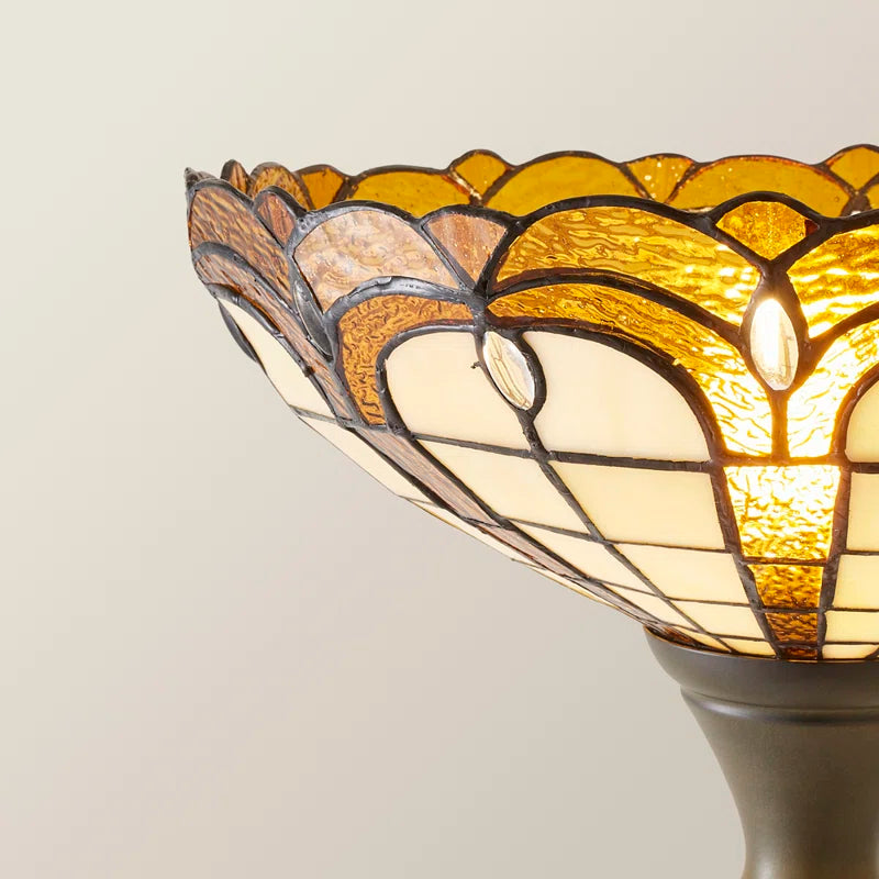 Elegant Tiffany-style Jewel uplighter floor lamp by Slocumb, 169 cm tall with colorful stained glass shade for ambient lighting.