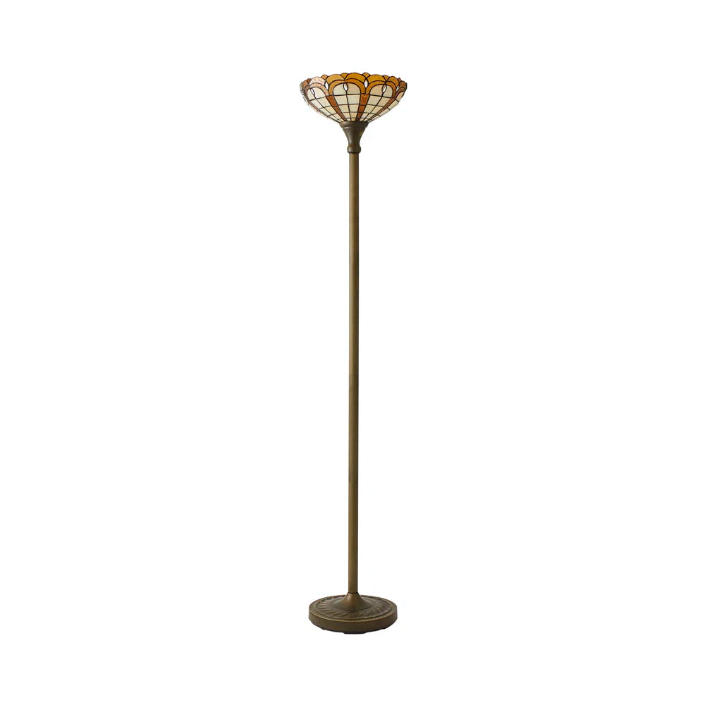 Slocumb 169 cm Tiffany Jewel uplighter floor lamp with stained glass shade and antique brass finish, standing tall in a living room setting.
