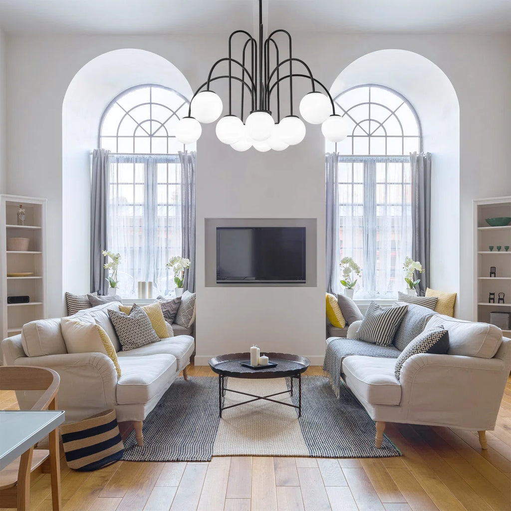 10-light modern Sputnik ceiling light with glass bubble design, featuring sleek metal arms and spherical glass bulbs for contemporary decor