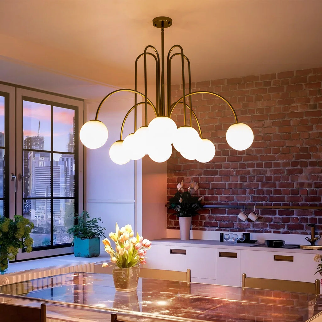 Modern Sputnik ceiling light by TheChandelierCo with 10 glass bubble bulbs, sleek design, and contemporary chandelier style.