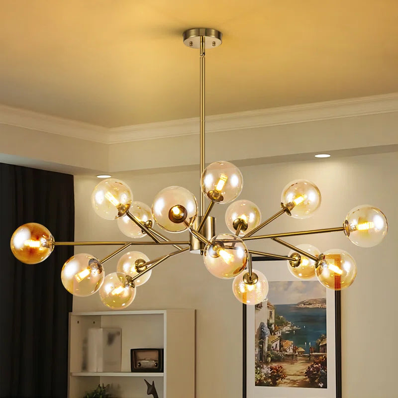 Modern 15-light glass bubble chandelier by TheChandelierCo with contemporary sputnik design, perfect for kitchen island lighting.