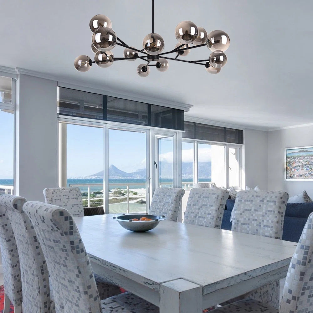 Modern contemporary glass bubble chandelier with 15 lights, featuring a Sputnik design for kitchen island or living room decor.