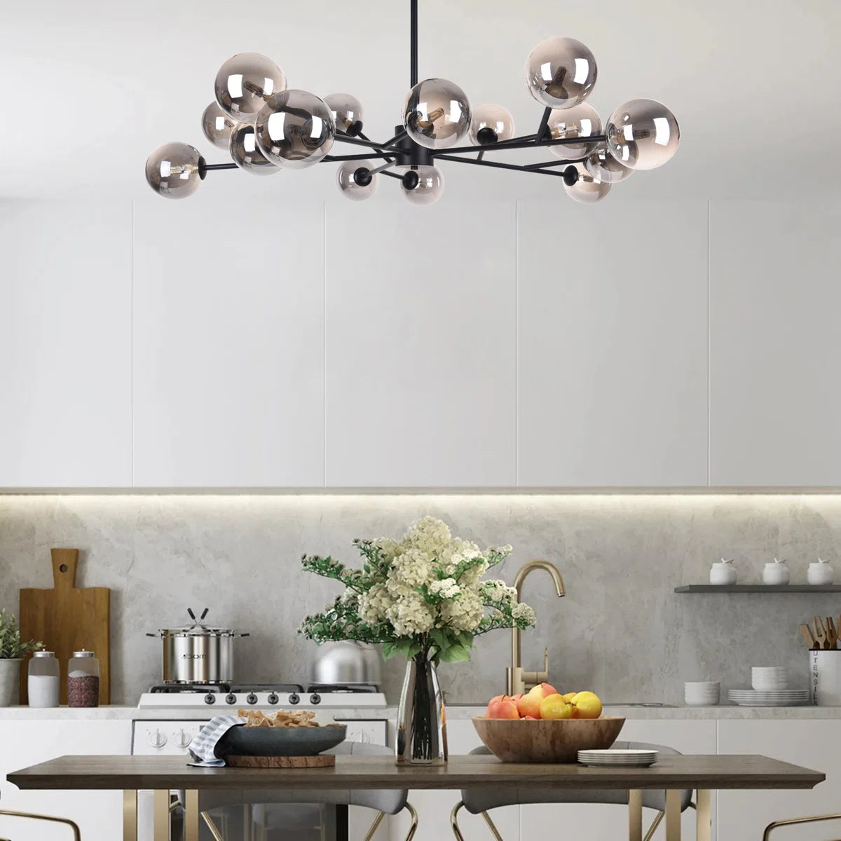 Modern Spoffo 15-light glass bubble chandelier by TheChandelierCo featuring a contemporary sputnik design for kitchen island lighting.