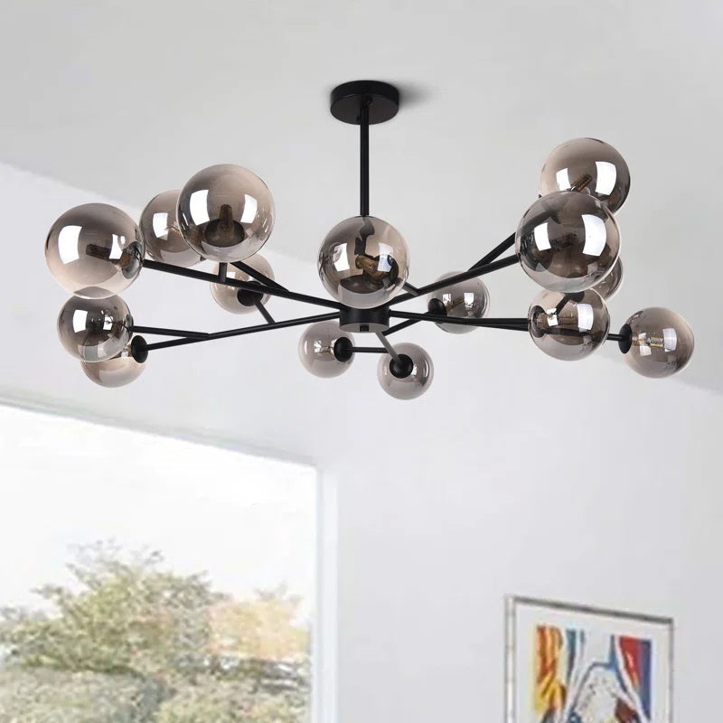 Modern Spoffo 15-light glass bubble chandelier by TheChandelierCo with spherical glass shades, perfect for kitchen island lighting.