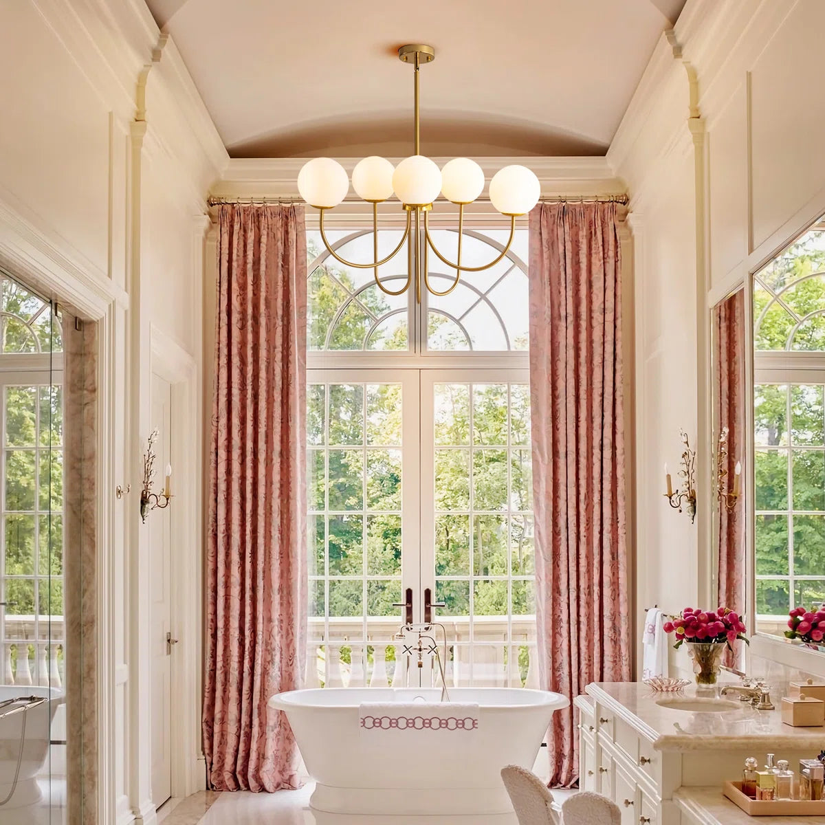 Gold Sputnik ceiling light with six frosted white glass globes, modern chandelier by TheChandelierCo.