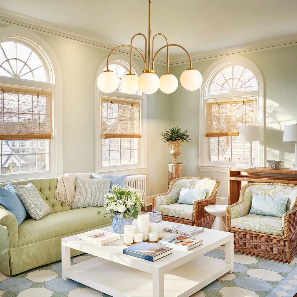 Six-light gold Sputnik ceiling light with frosted white glass globes, modern chandelier by TheChandelierCo.