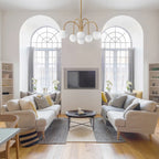 Contemporary gold Sputnik ceiling light with six frosted white glass globes, bubble chandelier design by TheChandelierCo.
