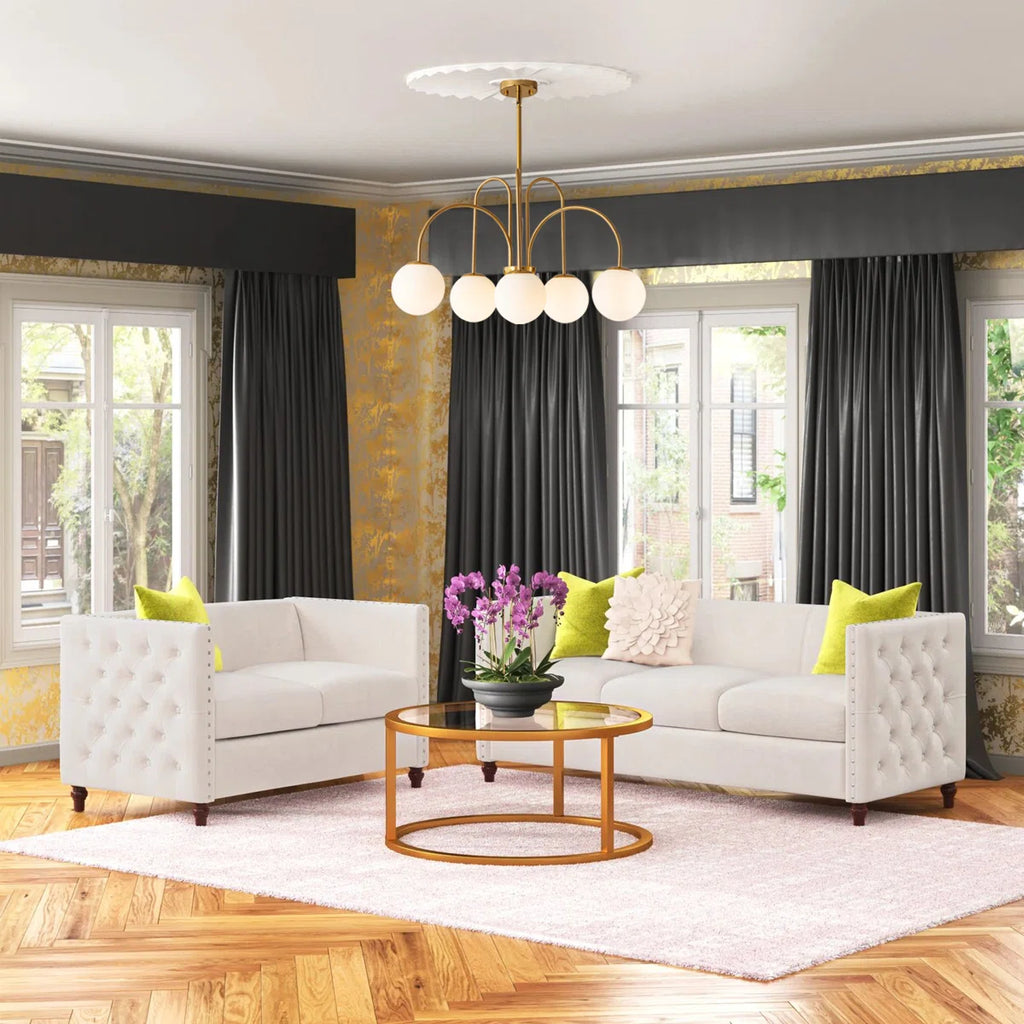 Six-light gold Sputnik chandelier with frosted white glass globes, modern bubble design, ceiling mount by TheChandelierCo.