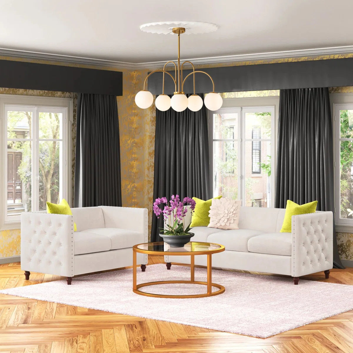Six-light gold Sputnik chandelier with frosted white glass globes, modern bubble design, ceiling mount by TheChandelierCo.