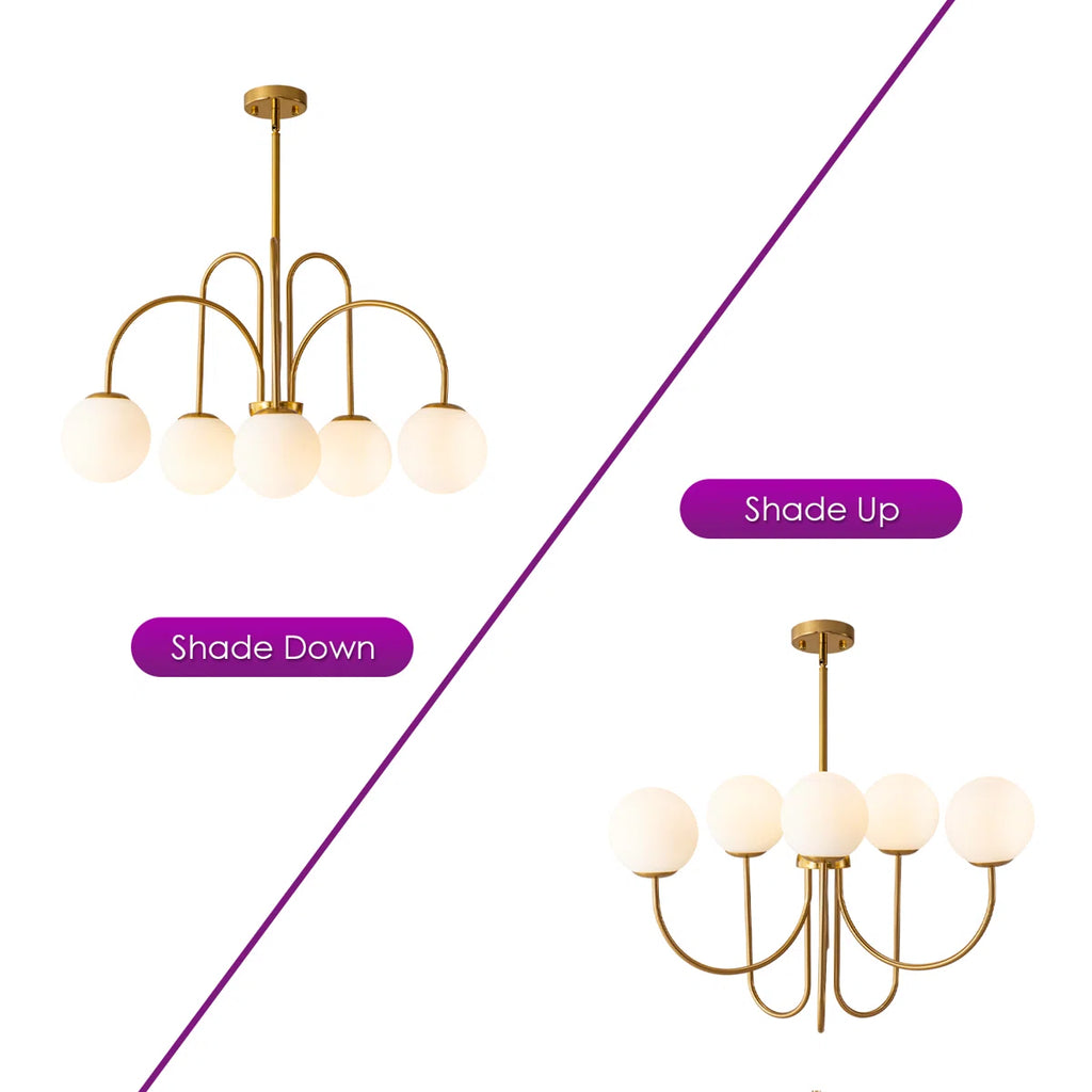 Spoffo 6-light gold Sputnik ceiling light with frosted white glass globe bubbles, modern chandelier from TheChandelierCo.