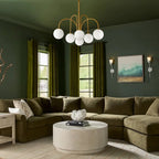 Six-light gold Sputnik ceiling light with frosted white glass globe bubbles, modern chandelier by TheChandelierCo.