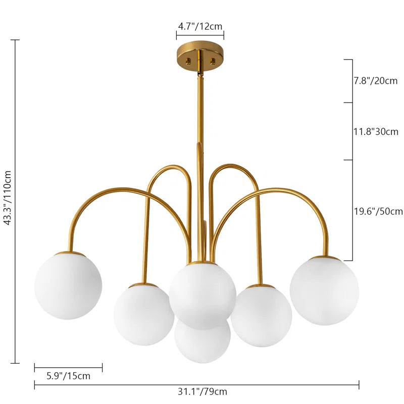 Contemporary gold Sputnik chandelier with six frosted white glass globes, modern ceiling light by TheChandelierCo.