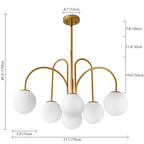 Contemporary gold Sputnik chandelier with six frosted white glass globes, modern ceiling light by TheChandelierCo.