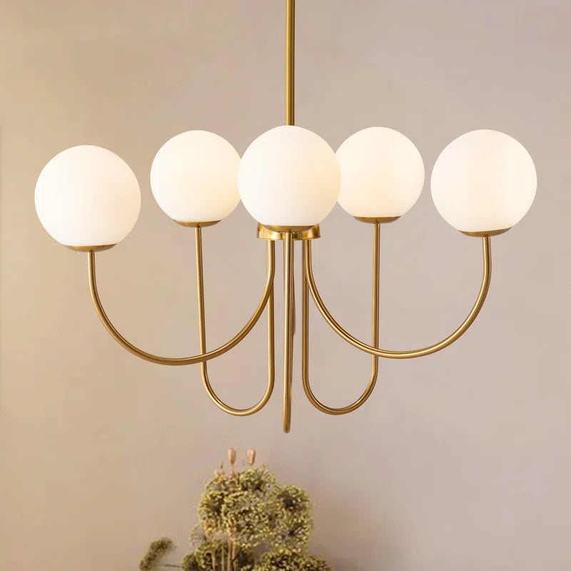 Spoffo 6-light gold Sputnik ceiling light with frosted white glass globe bubble chandelier, modern contemporary design.