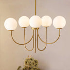 Spoffo 6-light gold Sputnik ceiling light with frosted white glass globe bubble chandelier, modern contemporary design.