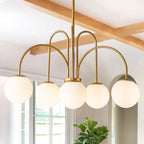 Contemporary gold Sputnik ceiling light with six frosted white glass globes and bubble chandelier design by TheChandelierCo.