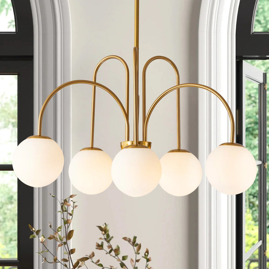 Gold Sputnik ceiling light with six frosted white glass globes, contemporary chandelier by TheChandelierCo.