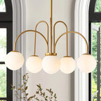 Gold Sputnik ceiling light with six frosted white glass globes, contemporary chandelier by TheChandelierCo.
