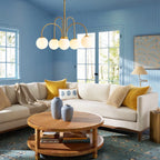 Contemporary gold Sputnik ceiling light with six frosted white glass globes, bubble chandelier style by TheChandelierCo.