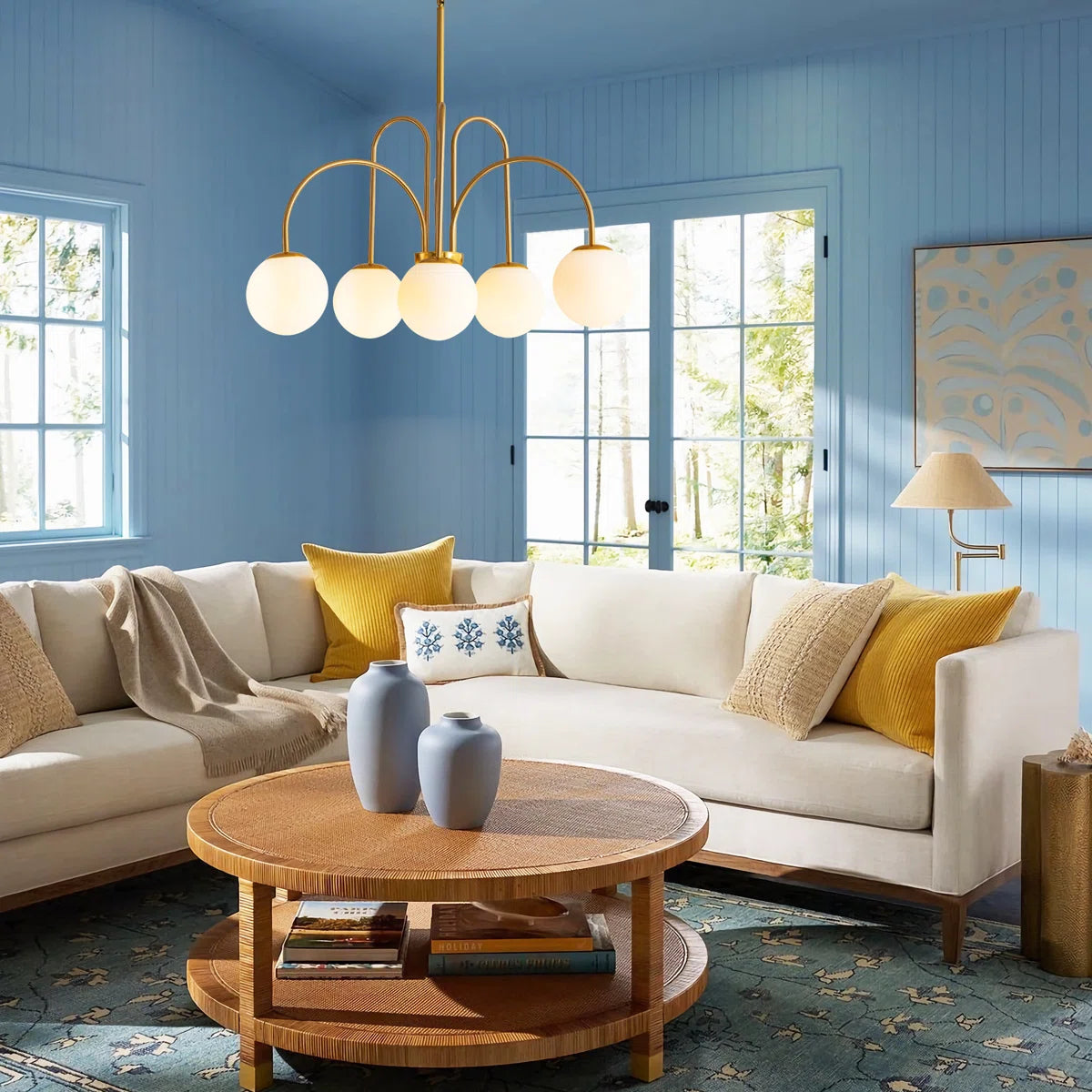 Contemporary gold Sputnik ceiling light with six frosted white glass globes, bubble chandelier style by TheChandelierCo.