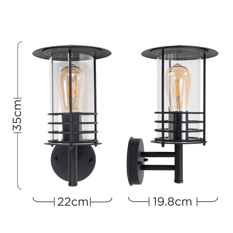 Black outdoor wall lantern with a classic design featuring clear glass panels and a sturdy metal frame, perfect for exterior lighting.