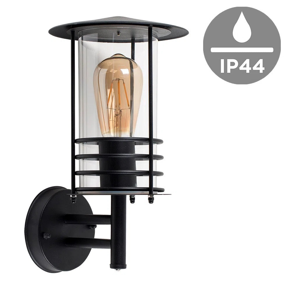 Black outdoor wall lantern with classic design, featuring a rectangular frame and clear glass panels, by TheChandelierCo.
