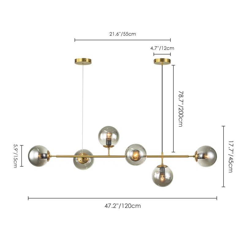 Light gold Worthington 6 linear Sputnik chandelier with glass bubble globes, kitchen island pendant lamp by TheChandelierCo.
