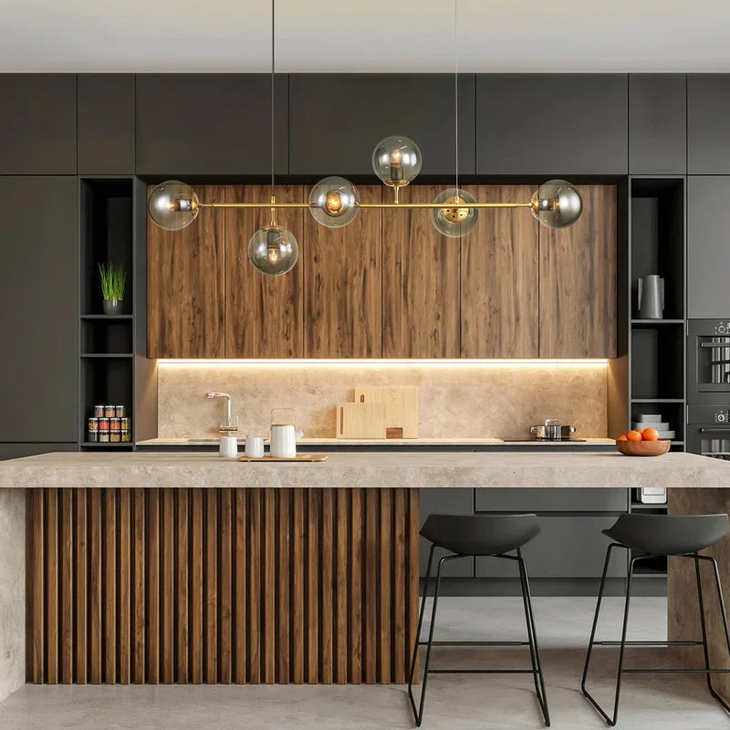 Light gold Worthington 6 linear Sputnik chandelier with glass globe bubbles, kitchen island pendant lamp from TheChandelierCo.