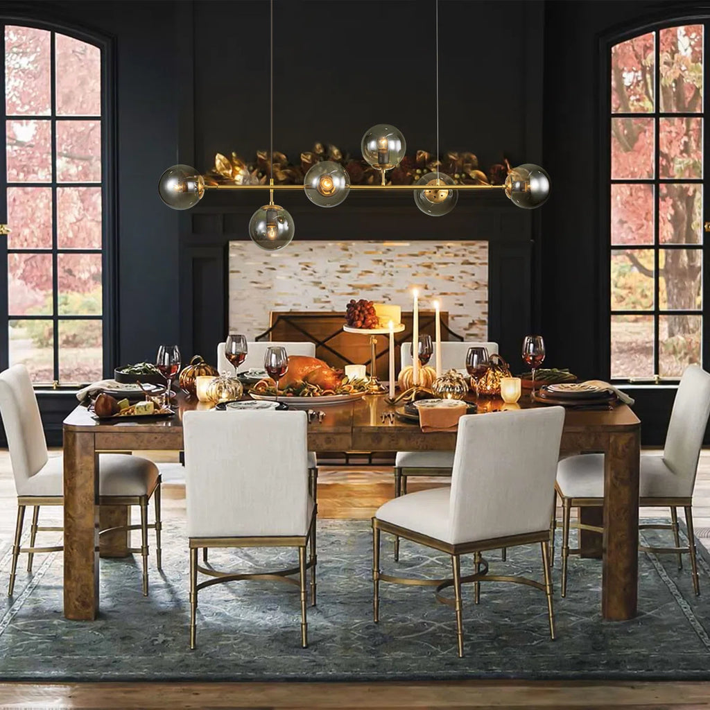 Light gold Worthington 6 linear Sputnik chandelier with globe glass bubbles, kitchen island pendant lamp by TheChandelierCo.