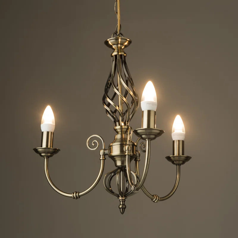 Zoey 3-light antique brass chandelier with traditional twist candle holders in candelabra style, elegant lighting fixture.