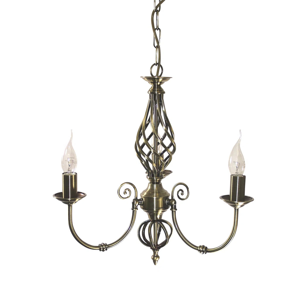 Zoey 3-light antique brass chandelier with traditional twist candle-style design and candelabra-style arms.