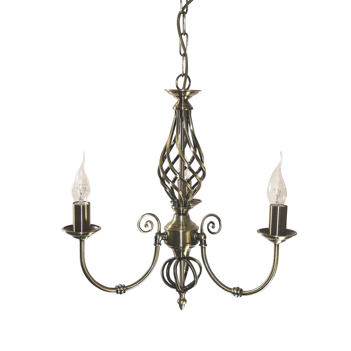 Zoey 3-light antique brass chandelier with traditional twist candle-style design and candelabra-style arms.
