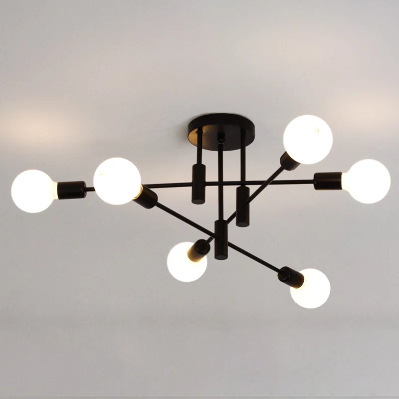 Black Coblitz 6-light Sputnik semi-flush mount chandelier by TheChandelierCo, featuring a modern, spherical design with six adjustable lights.