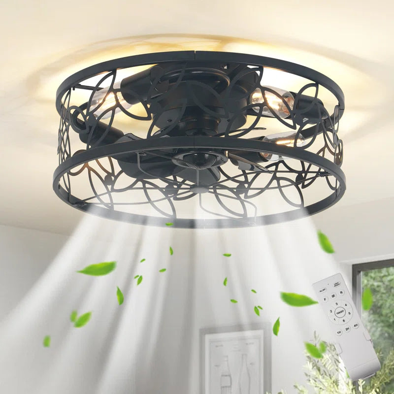 Black 46cm farmhouse caged ceiling fan with light kit and remote control, featuring rustic metal design and modern functionality.