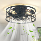 Black 46cm farmhouse caged ceiling fan with light kit and remote control, featuring rustic metal design and modern functionality.