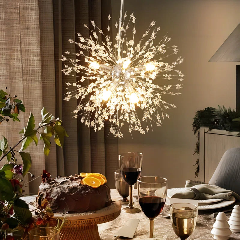 Dandelion 8-light Sputnik crystal chandelier by TheChandelierCo with starburst sunburst design and hanging crystal accents.