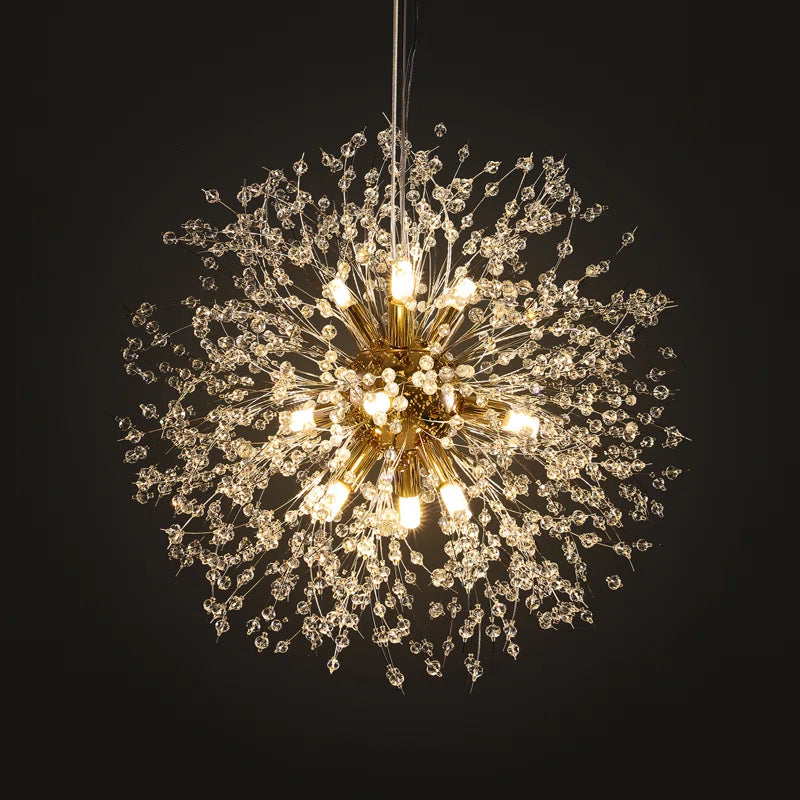 Gold Dandelion 9-light Sputnik crystal chandelier with starburst design, modern ceiling lighting fixture by TheChandelierCo